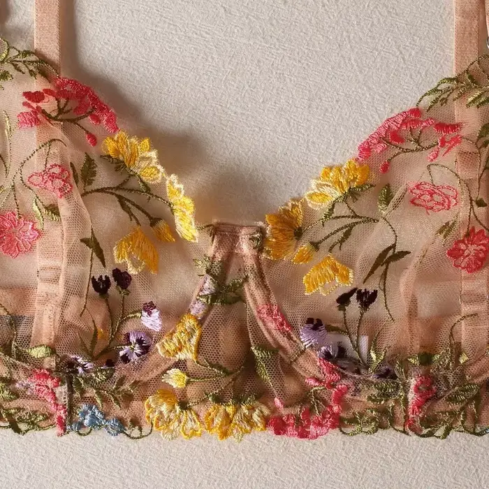 Dámske kvetinové vyšívané spodná bielizeň Set, Boho priehľadná podprsenka, nohavičky spodná bielizeň Set, intímne, 2 kusy