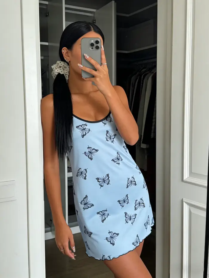 Chemise de nuit pour femmes, bretelles spaghetti, col rond à volants, vêtements de maison, imprimé p