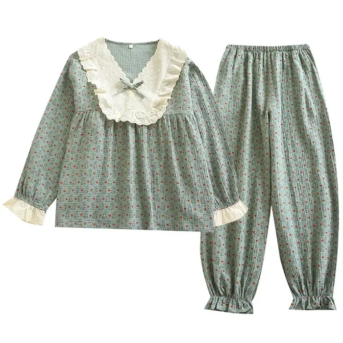 Princesse Cottagecore pyjama ensemble femmes Vintage dentelle col vêtements de nuit mignon coeur imprimé crêpe coton vêtements de détente 2 pièces coton doux