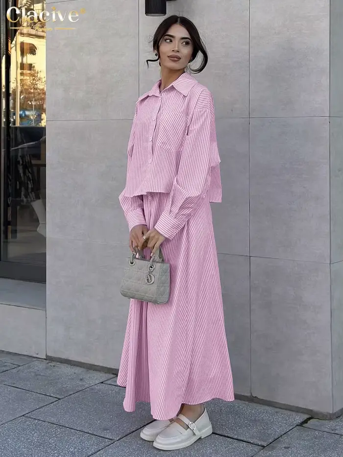 ClacMarkets-Ensemble 2 pièces à rayures roses pour femmes, chemise élégante à manches longues, jupes