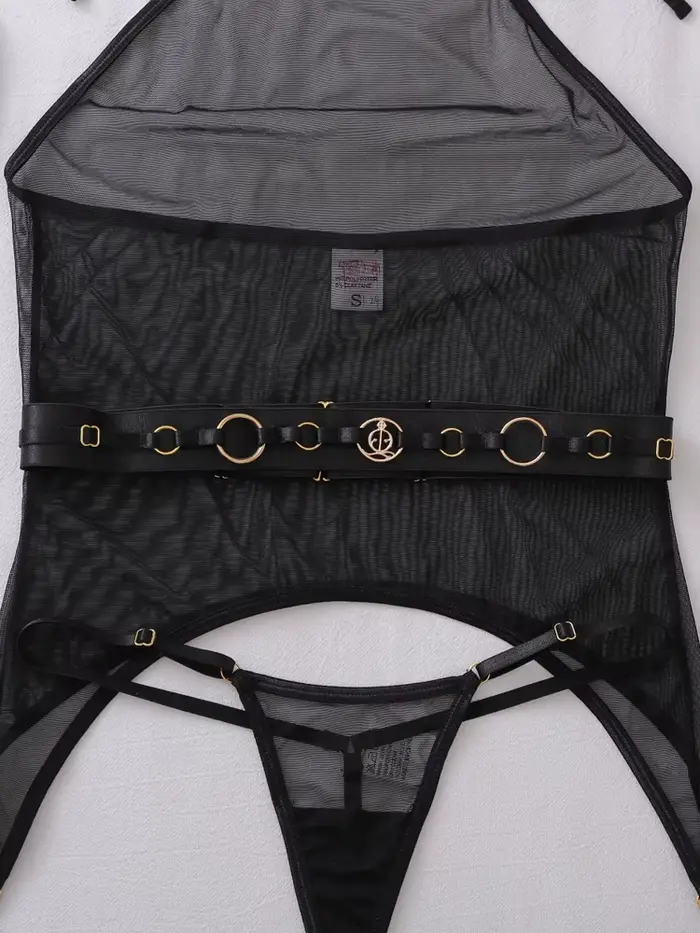 Body en dentelle noir moulant transparent, lingerie sexy érotique pour femme, avec gants et porte-jarretelles, ensemble soutien-gorge babydoll sissy