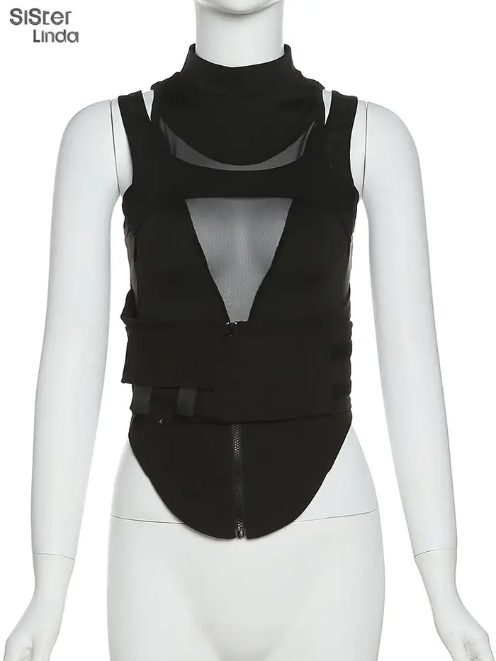 Sisterlinda-Haut moulant en maille avec fermeture éclair pour femme, ceinture multicouche, tendance 