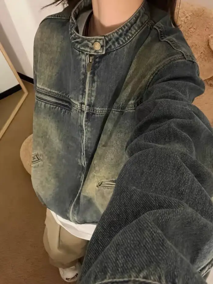 Džínsová bunda vintage vyblednutá amerického štýlu pre ženy