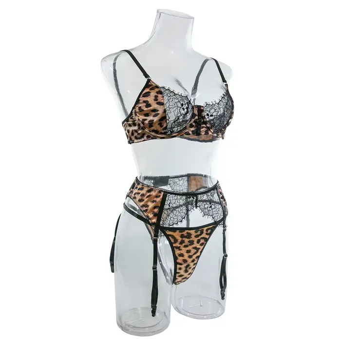 Sexy leopard tlačené čipky spodná bielizeň set pre ženy, podprsenka a nohavičky, exotické oblečenie každý deň ,,