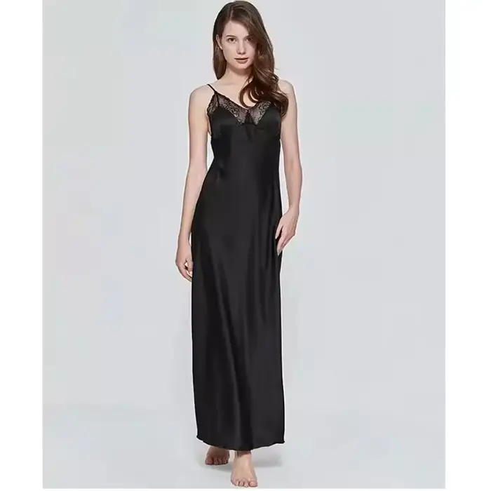 Bez rukávov hodvábna nočná košeľa s čipkou pre ženy letný základný štýl V-neck