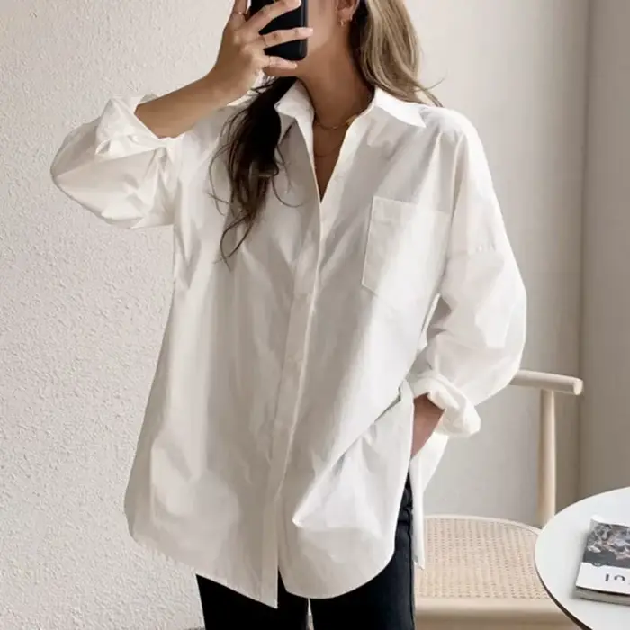 Bureau dame élégant blanc décontracté Blouses amples mode nouveau coton à manches longues femmes che
