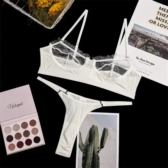 Ensemble de lingerie en dentelle à volants pour femmes, sous-vêtements en maille, soutiens-gorge tra