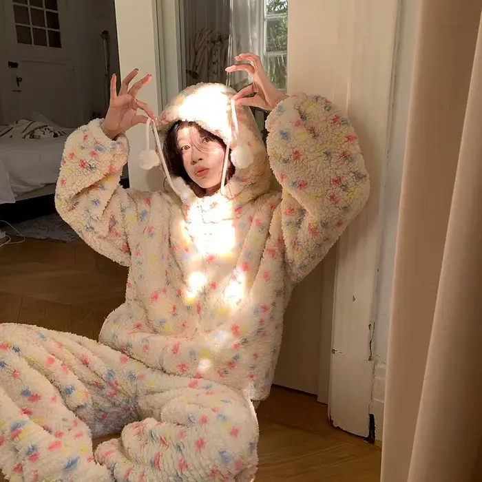 Pyjama en molleton de corail pour femme, ensemble de vêtements de détente à capuche en flanelle à po
