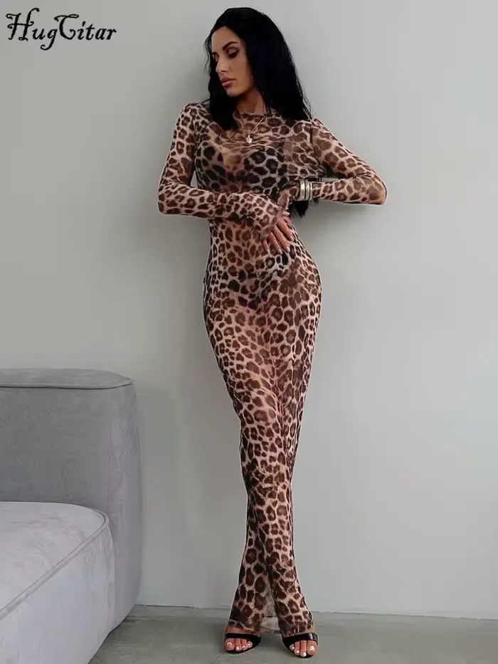 Hugcitar leopardová potlač sieťovaná s dlhými rukávmi Sexy tenká priesvitná Maxi šaty jeseň ženy móda oblečenie pláž dovolenka Club