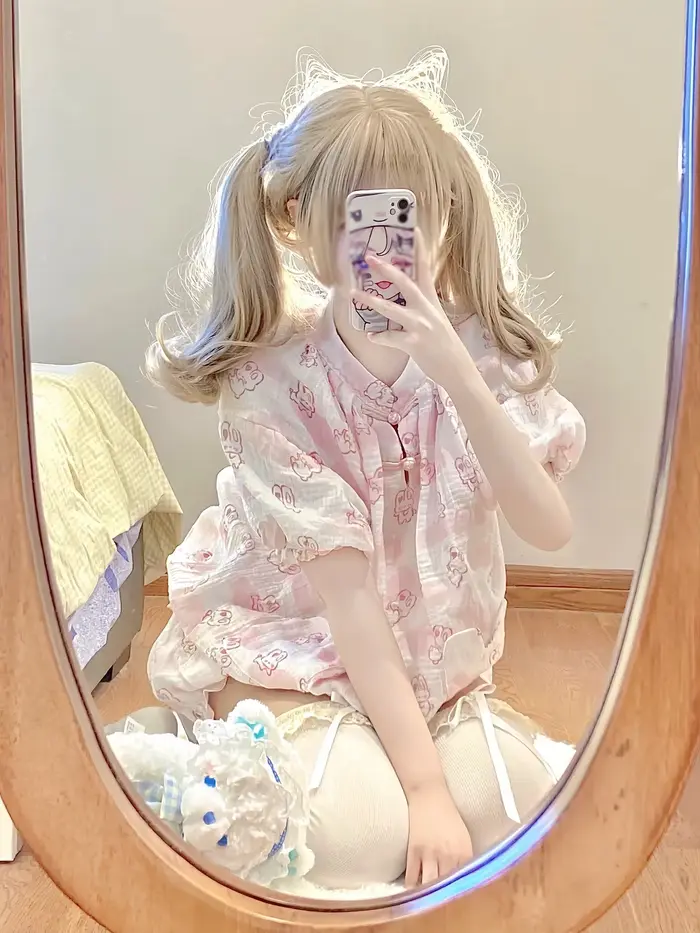Kawaii Lolita Style lapin imprimé pyjamas ensemble Girly mignon à manches courtes hauts Shorts costume femmes décontracté princesse Homewear Pijama ABDL