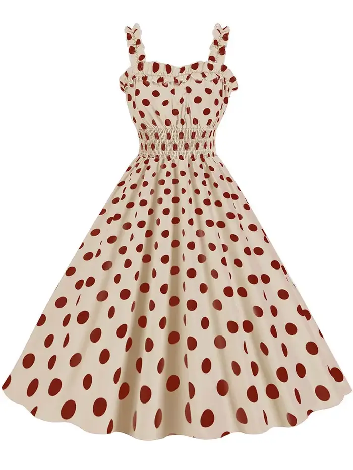 Robe mi-longue froncée à pois roses pour femmes, bretelles spaghetti, vintage, décontracté, imprimé,