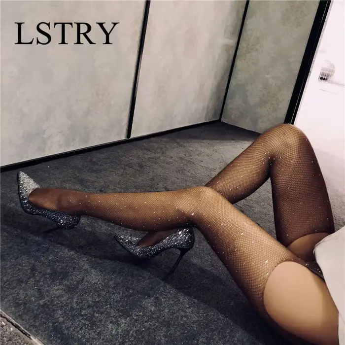 Lstry - Dámske kamienky sieťované pančuchy, Sexy spodná bielizeň, otvorený rozkrok, sieťovina, tesný top tesný, Party club, čierna, nová