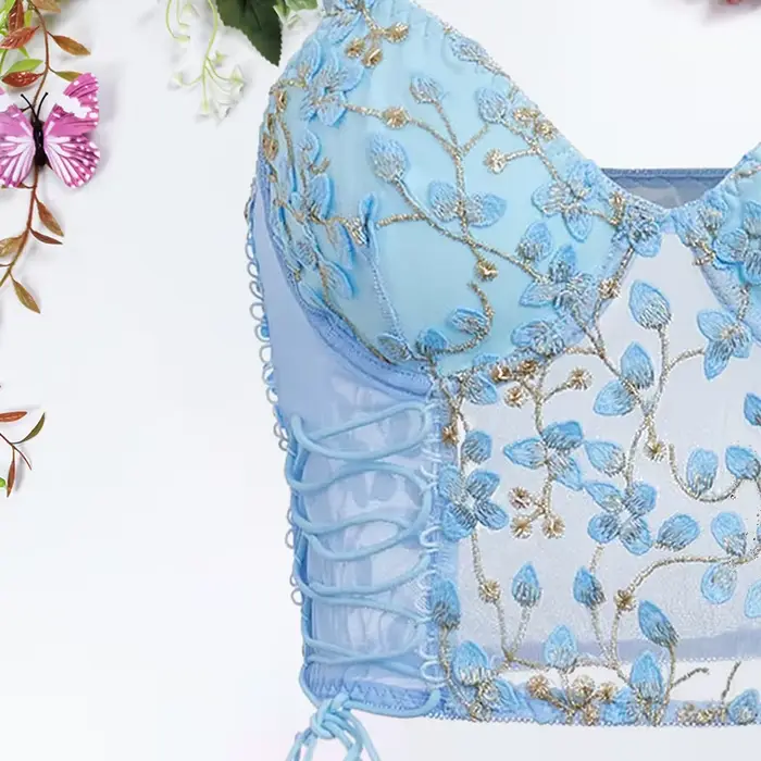 Dámske modré košieľka vesta podprsenka výšivky kvetinové korzety namontované fit univerzálne Lady vysoký korzet Sexy čipka Rayon Ultra-tenké hrubé podprsenky