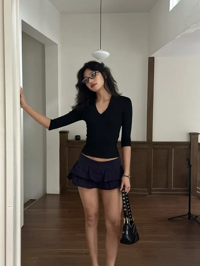 Yedinas col en v Streetwear noir T-shirt femmes vêtements demi manches mode coréenne mince été hauts