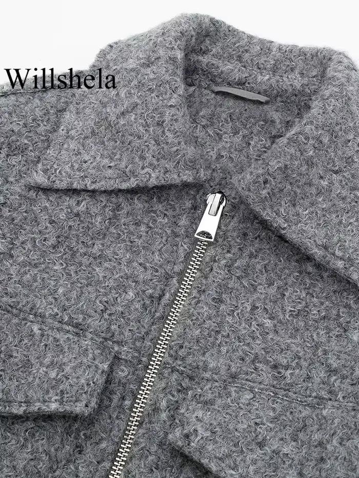 Willshela dámska módna bunda so sivými prednými vreckami na zips Vintage golier dlhé rukávy žena Štýlové oblečenie
