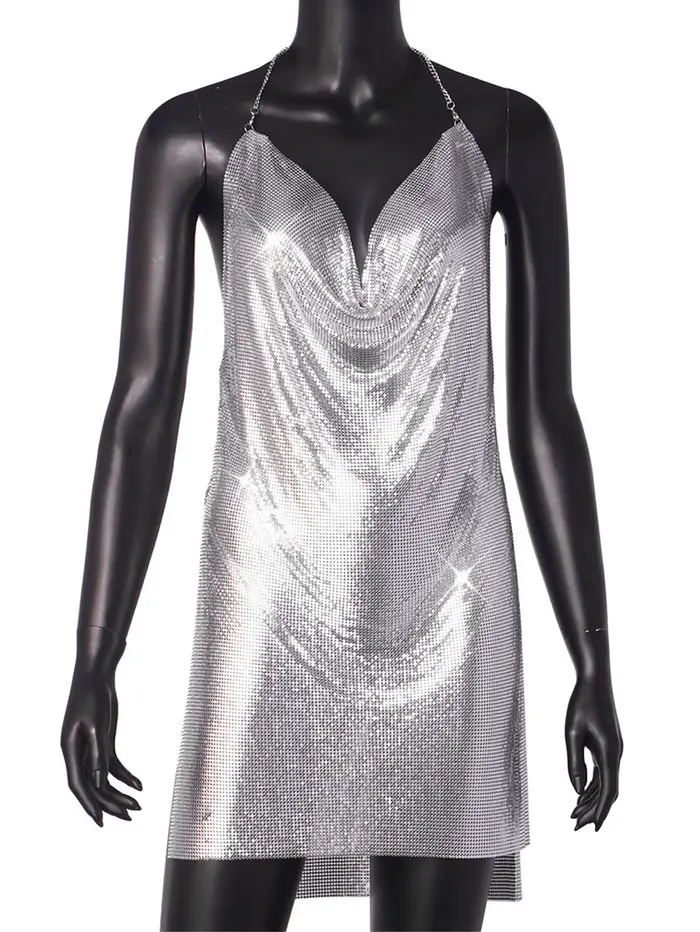 Sexy voir à travers métal sequin robe de soirée femmes été dos nu noir plage club mini robe robes de