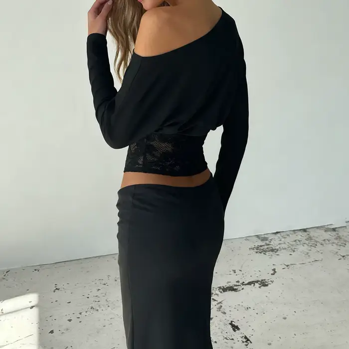 SUCHCUTE elegantné odhalené ramená čipka zdobená definovaný pás retro streetwear pevný dlhý rukáv tričko p