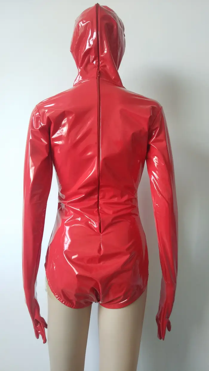 Červená lesklá PVC koženka Sexy trikot pre dospelých, polovica-body Zentai, šaty s dlhým rukávom, party oblek, značka