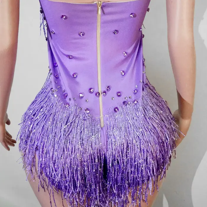 Costume de danse pour femmes élégant avec strass scintillants et franges pour spectacle, boîte de nuit, concours et célébrations diverses