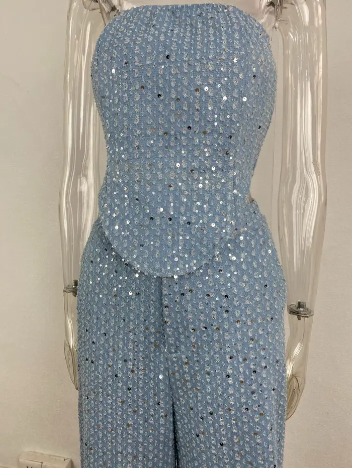 Ensemble en Denim à paillettes pour femmes, tunique sans bretelles, haut court à la taille et pantal