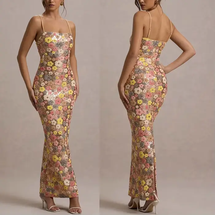 Summ femmes fleurs paillettes Patchwork mince fête longue robe sans bretelles mode Maxi robe, Sexy s