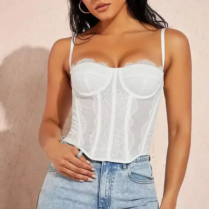 Sexy čipka a sieťovaný korzet pre ženy, Špagety popruhy, otvorené chrbát, vykostené, spodná bielizeň Slim, Bustier, košieľka, golier, leto