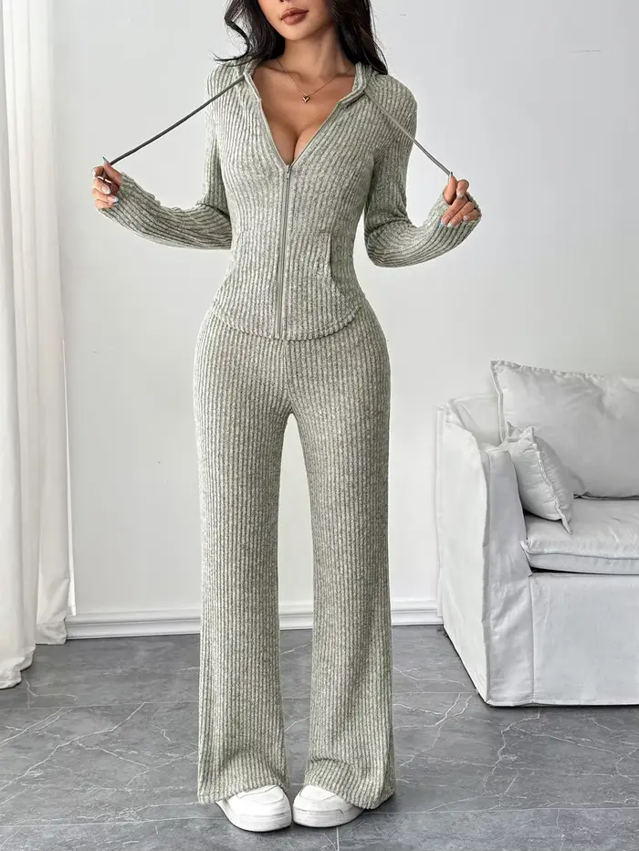 Ensemble haut à capuche et pantalon évasé ample pour femmes, couleur unie, à la mode, décontracté, à