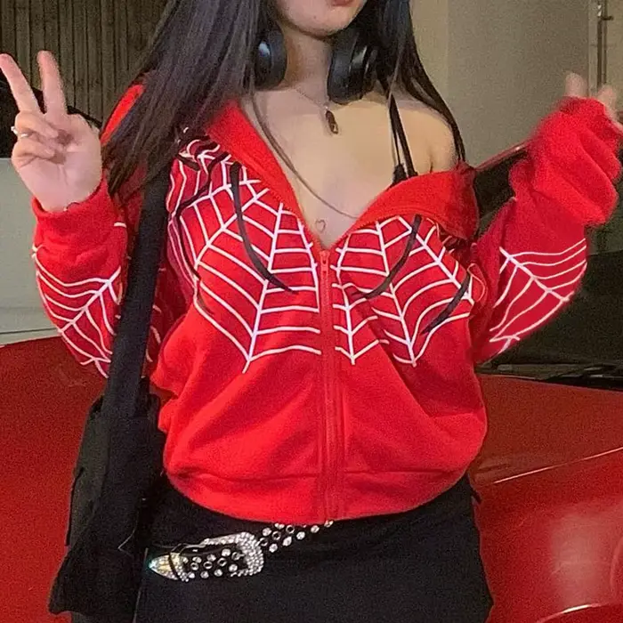 Y2k kryštálová kostra mikina s kapucňou pre ženy gotická čierna so zipsom oversized retro Harajuku