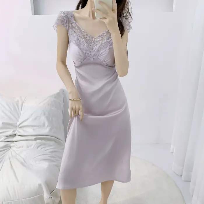 Sexy col en v profond chemise de nuit maison robe de chambre longue robe de nuit vêtements de nuit e