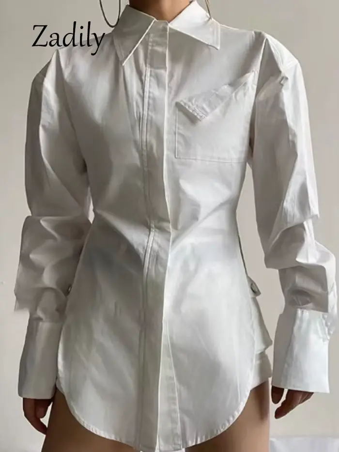Zadily jeseň 2025 nové streetwearové dlhé rukávy biela košeľa pre ženy minimalistické vrecko gombíková dámska tunika