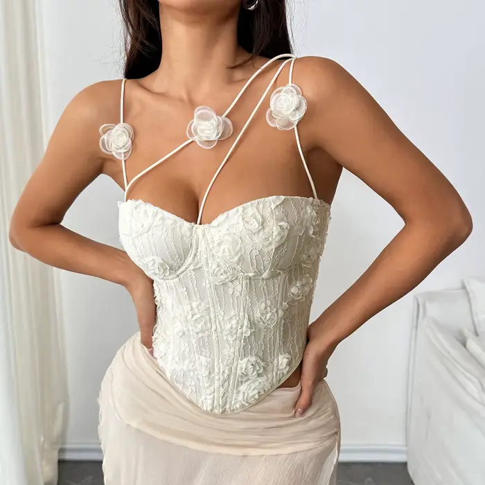 Elegantný korzet pre ženy v krémovej ružovej 3D čipke, prekrížené špagety, bez ramienok pre streetwear a clubwear