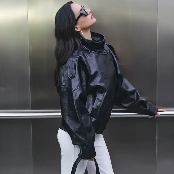 MUJER Dámska bomber bunda z umelej kože, čierna, oversized