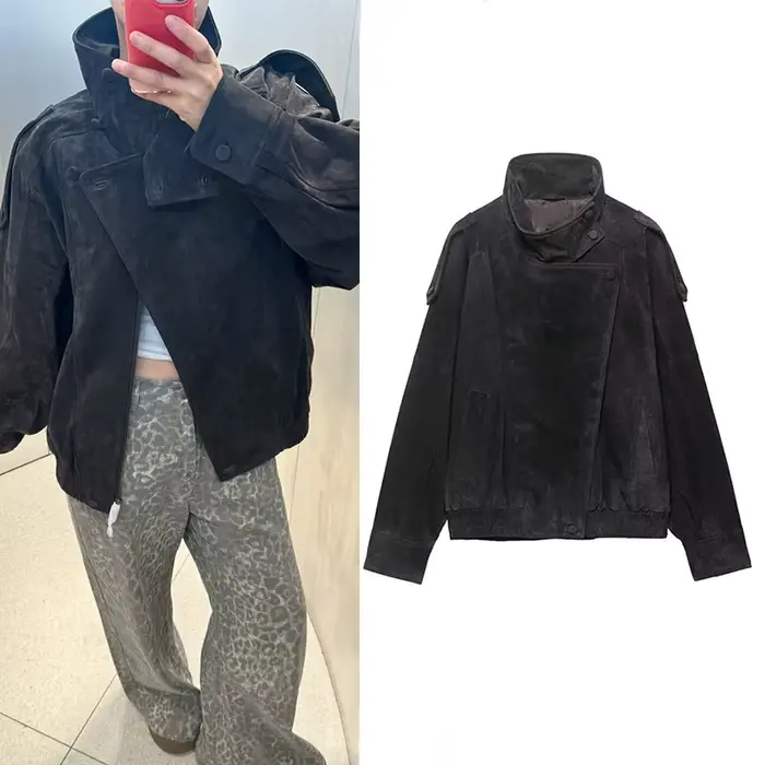 Veste pour femme, printemps 2026, nouvelle veste en similicuir noir à manches longues, style motard,