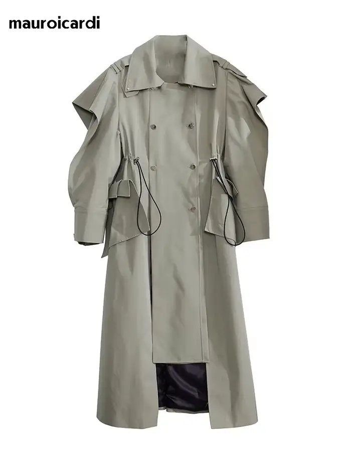 Mauroicardi-Manteau long à double boutonnage pour femme, pardessus élégant à volants, mode de piste,