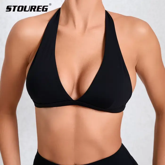 Soutien-gorge de Sport Sexy à col en v pour femmes, sous-vêtements de Sport, col licou, haut dos nu pour Fitness, vêtements de Yoga, soutien-gorge actif avec bonnets, blanc