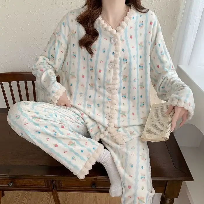 Dámske Coral Fleece pyžamo, tlačené, hrubé, plyšové, sveter, teplý a mäkký oblek, domáce oblečenie, dlhé rukávy, jeseň zima