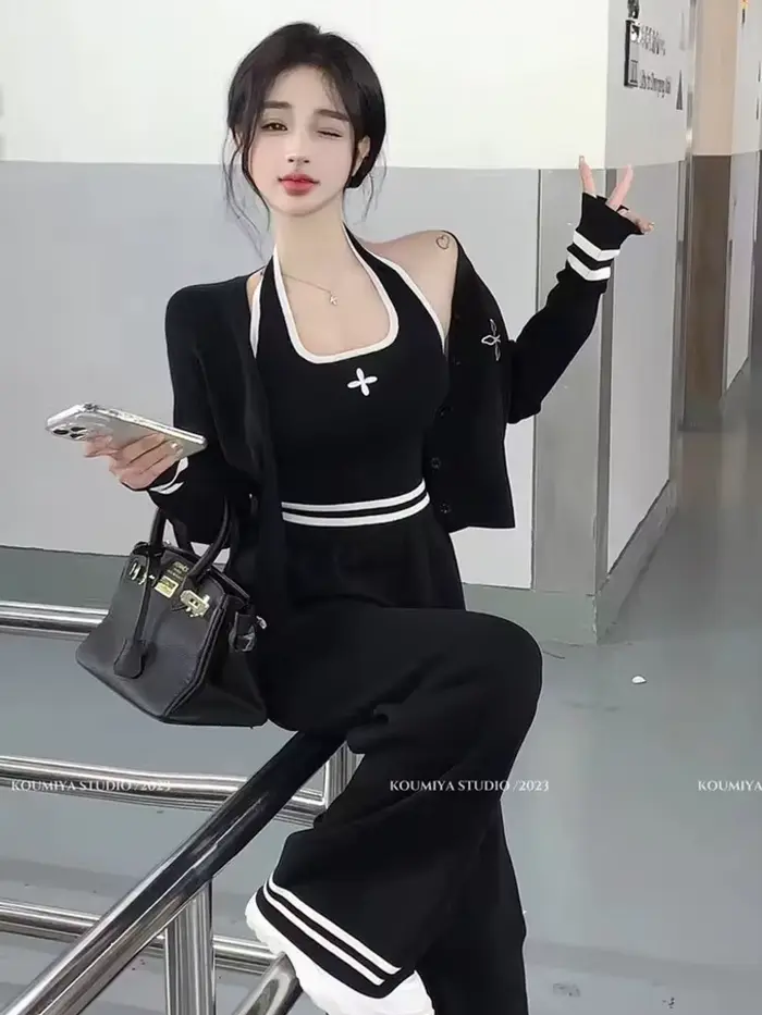 Streetwear tricoté ensemble 3 pièces pour femmes, Cardigan à manches longues manteau + Camisole + pa