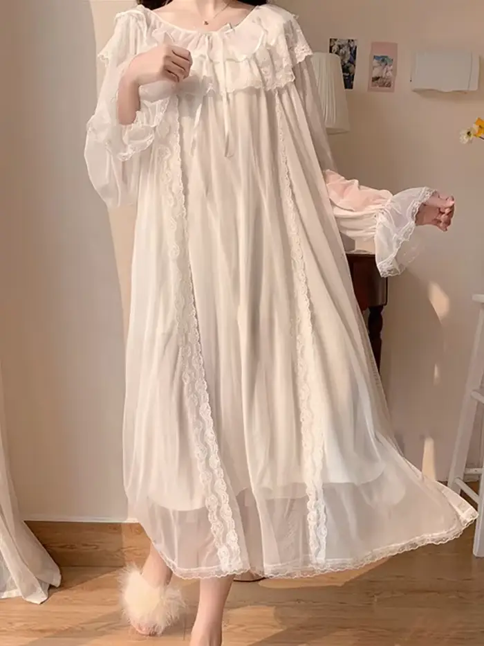 Vintage lietajúce ženy nočné košele Lolita pyžamo princezná biela čipka oka víla nočná košeľa viktoriánske nočné košele relaxačné oblečenie