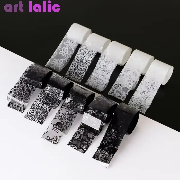 Feuille de transfert de dentelle noire et blanche, 10 rouleaux de 2.5x60cm, pour Nail Art, enveloppe