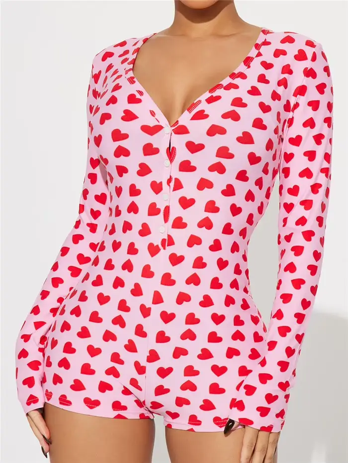 Dámska pyžamová kombinéza na Valentína, romantická potlač v tvare srdca, s dlhými rukávmi, V-neck, predné gombíky, šortky, na mieru šité kombinézy, oblečenie na spanie