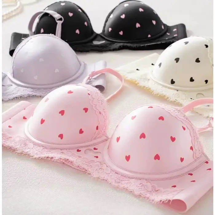 Sladké dievča srdce čipka Push-up podprsenka Set pre malé prsia, s bočným stojanom Anti-sagging, polstrované, spodná bielizeň, veľkosť 32-38