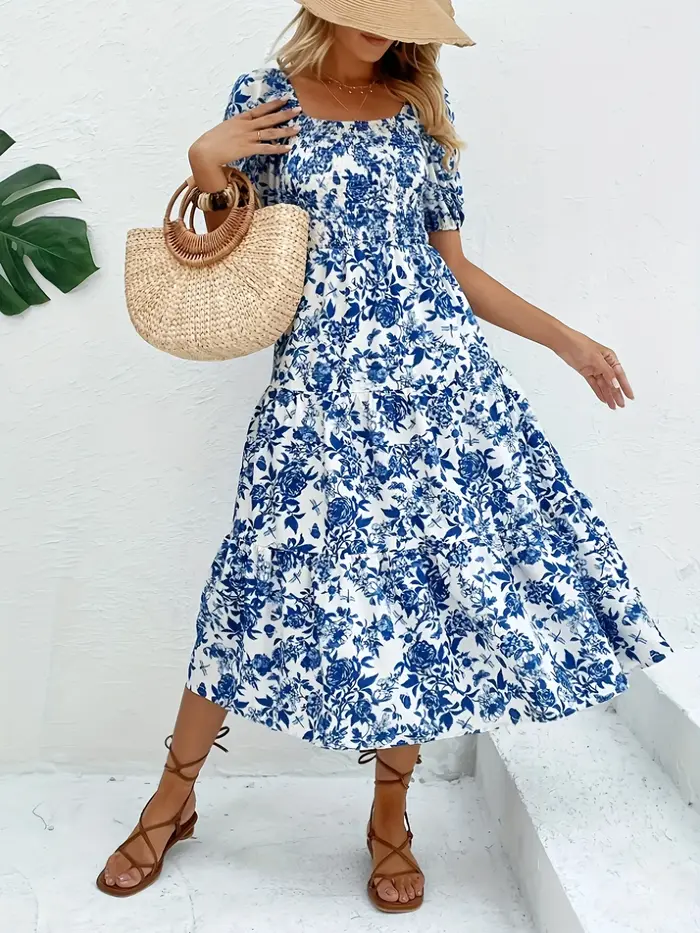 Robe longue à imprimé Floral, Direction élégante, avec col, robe Maxi à imprimé Floral, mode femme, 