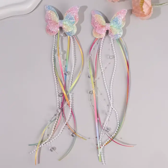 Pince à cheveux à paillettes papillon arc-en-ciel pour enfants, 2 pièces, ruban de perles, pince à c