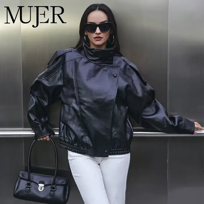 MUJER Dámska bomber bunda z umelej kože, čierna, oversized