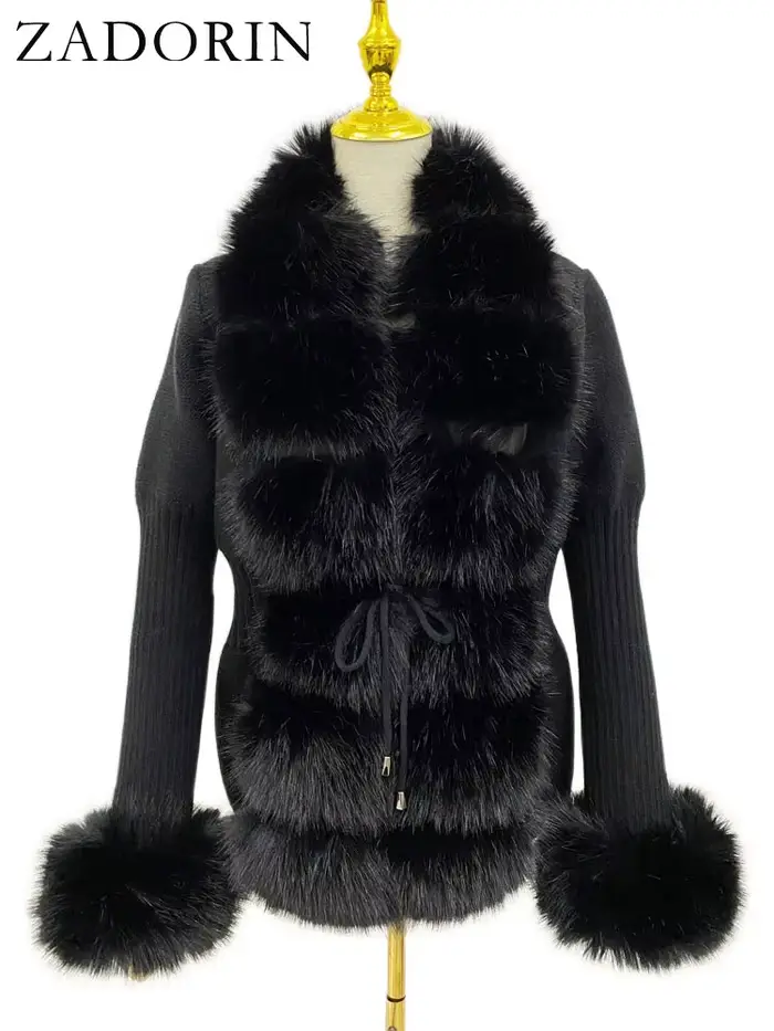 ZADORIN luxe fourrure Cardigan tricot hiver pull femmes élégant détachable fourrure ceinture blanc r