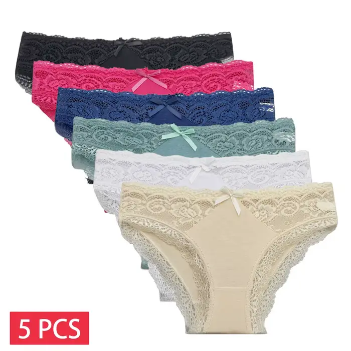 Slips en coton tricoté pour femmes ensemble de 5 pièces en dentelle solides en noir bleu ciel khaki rose rouge vert pour femmes occasions spéciales