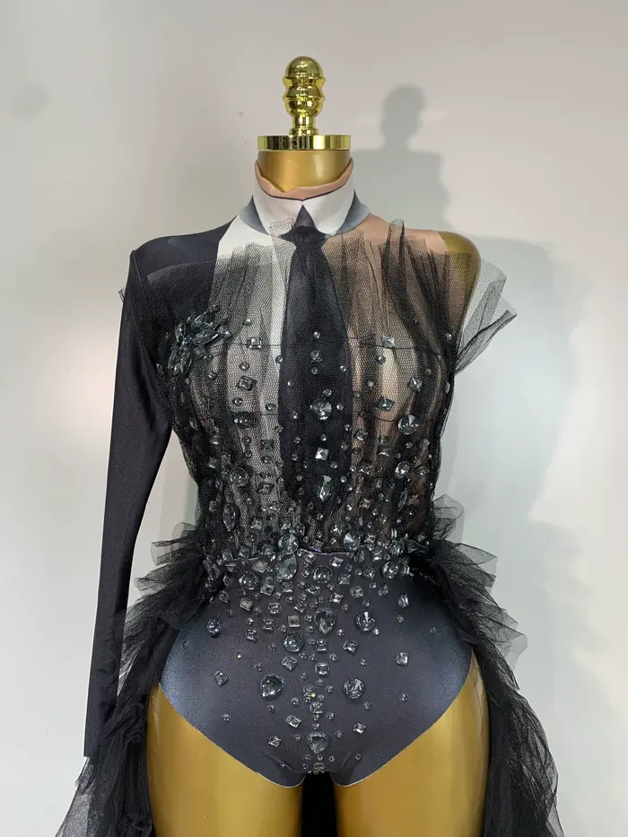 Body noir Kormanly pour femmes junior avec diamants imprimés, style sexy et club, pantalon crayon, haute élasticité, pour soirée, spectacle, photo shoot