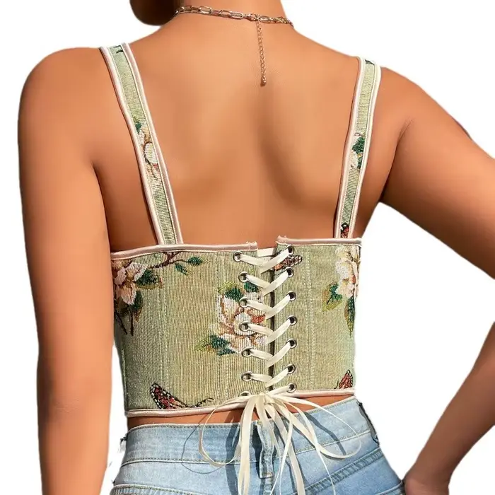 Sexy podprsenka s francúzskou kvetinovou potlačou, retro štýl, dvojitý popruh, podpora hrudníka, zoštíhľujúci plášť, vintage korzet