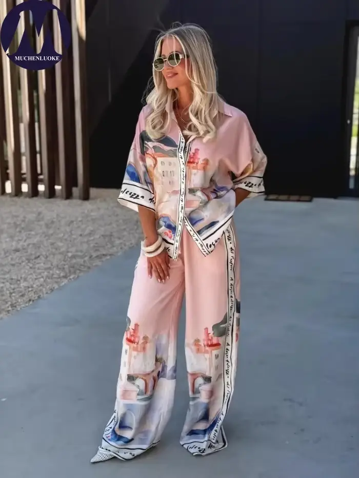 Ensemble estival élégant pour femmes deux-pièces top à col rabattu et pantalon large occaions spéciales et quotidiennes