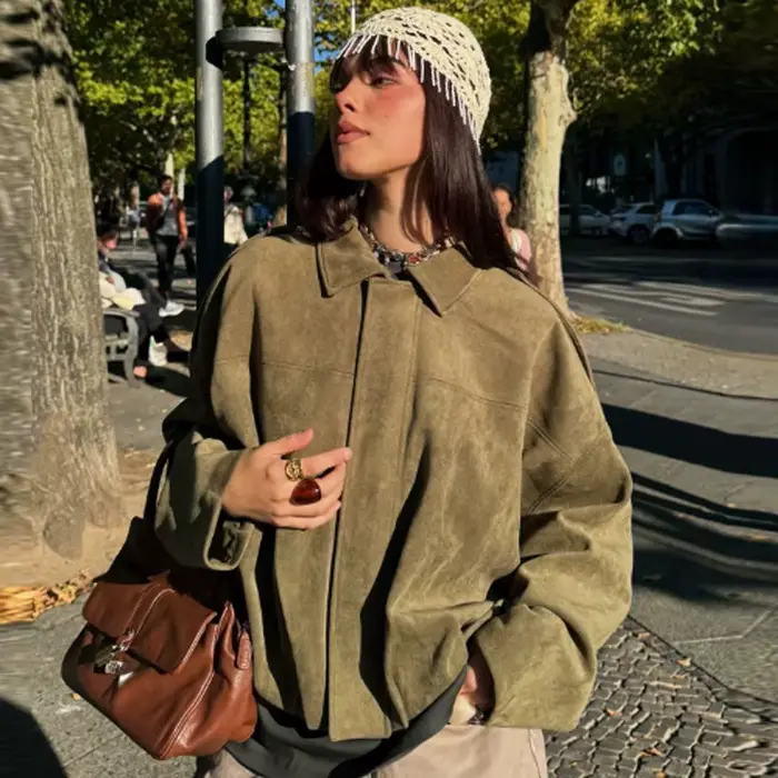 HXAO – veste courte en daim pour femme, blouson bombardier surdimensionné, manches chauve-souris, vê